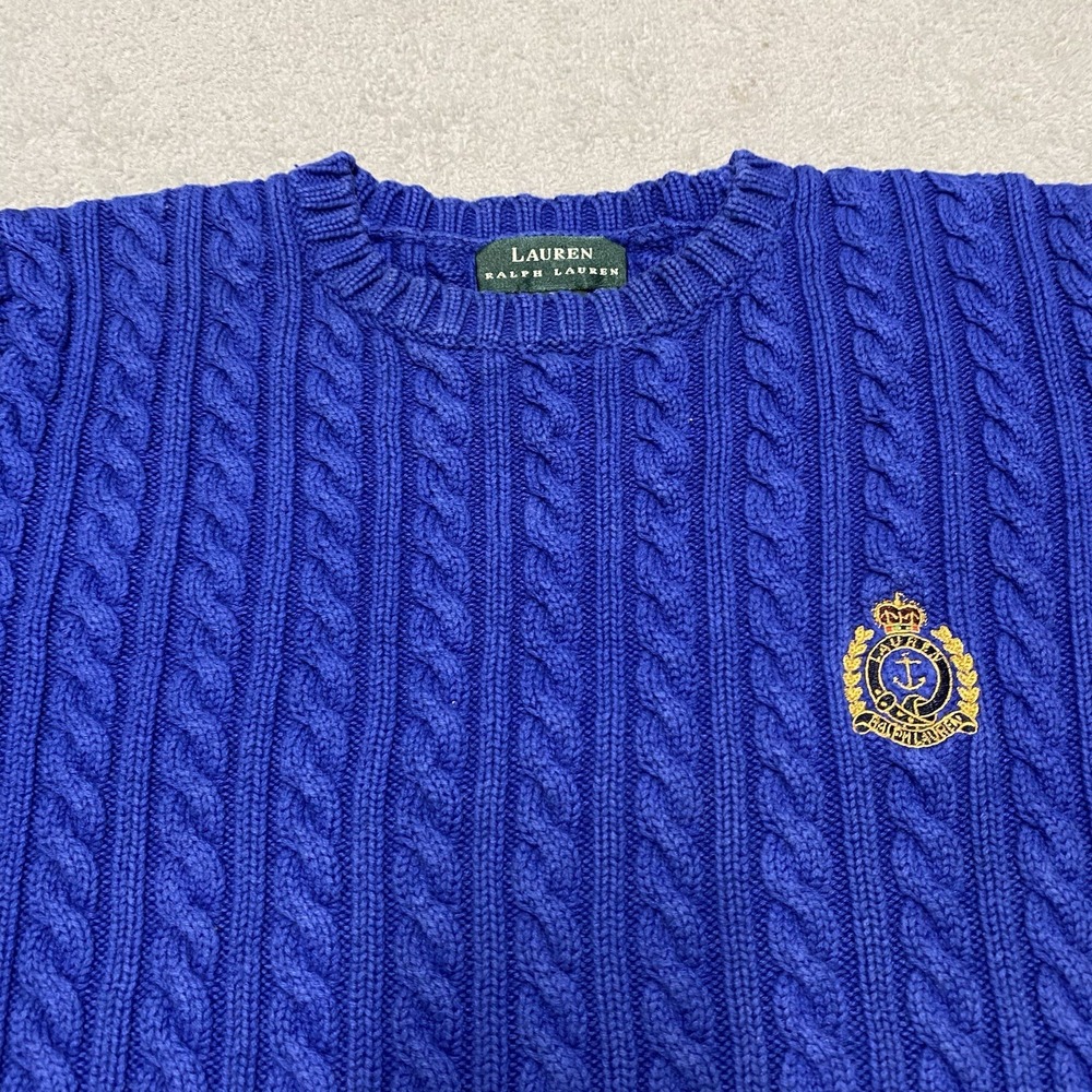 Vintage Lauren Ralph Lauren Sweater Womens Small Blue Cableknit Crest Embroidery